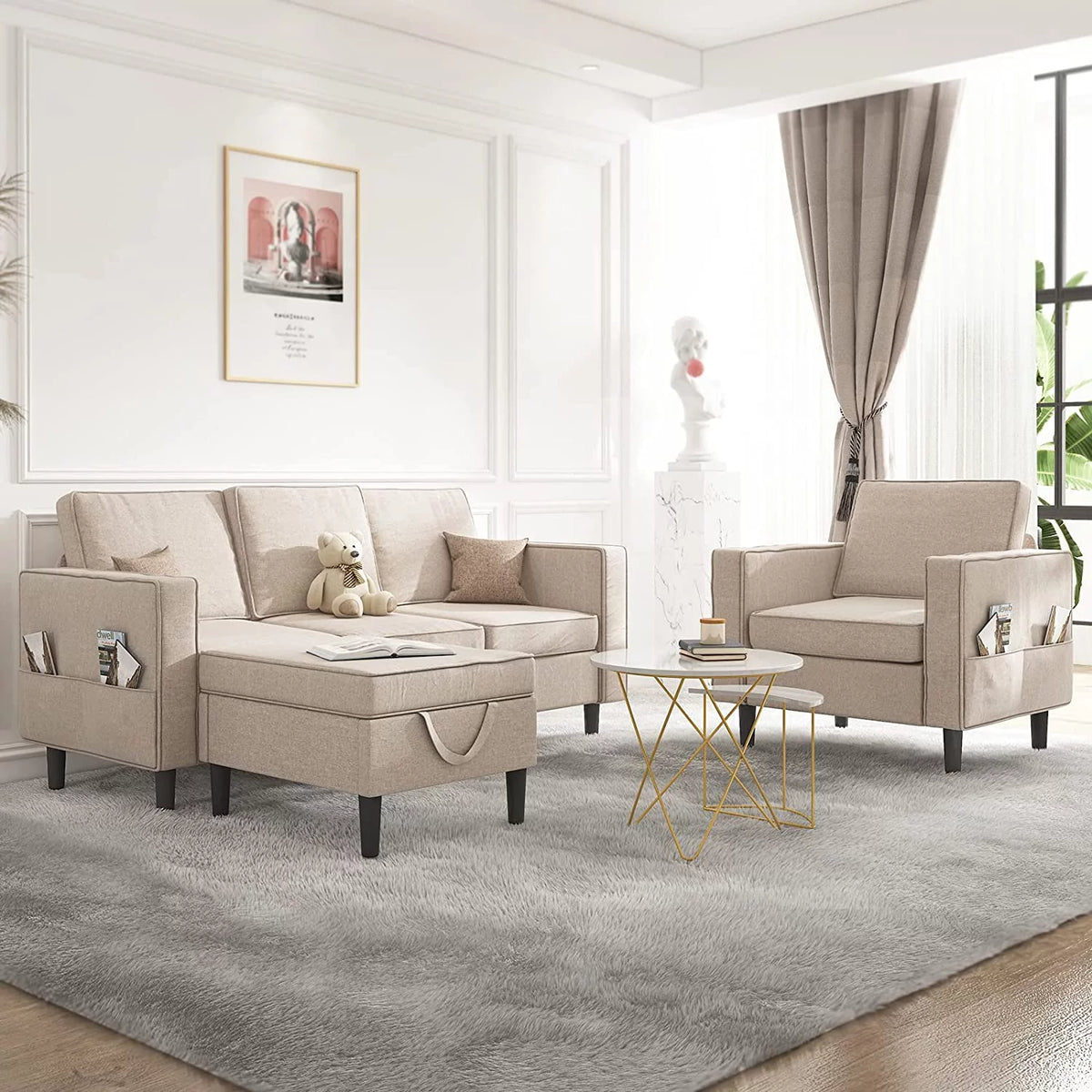 Beige 3 Pcs Convertible Sectional Sofa with Storage Ottoman W775538