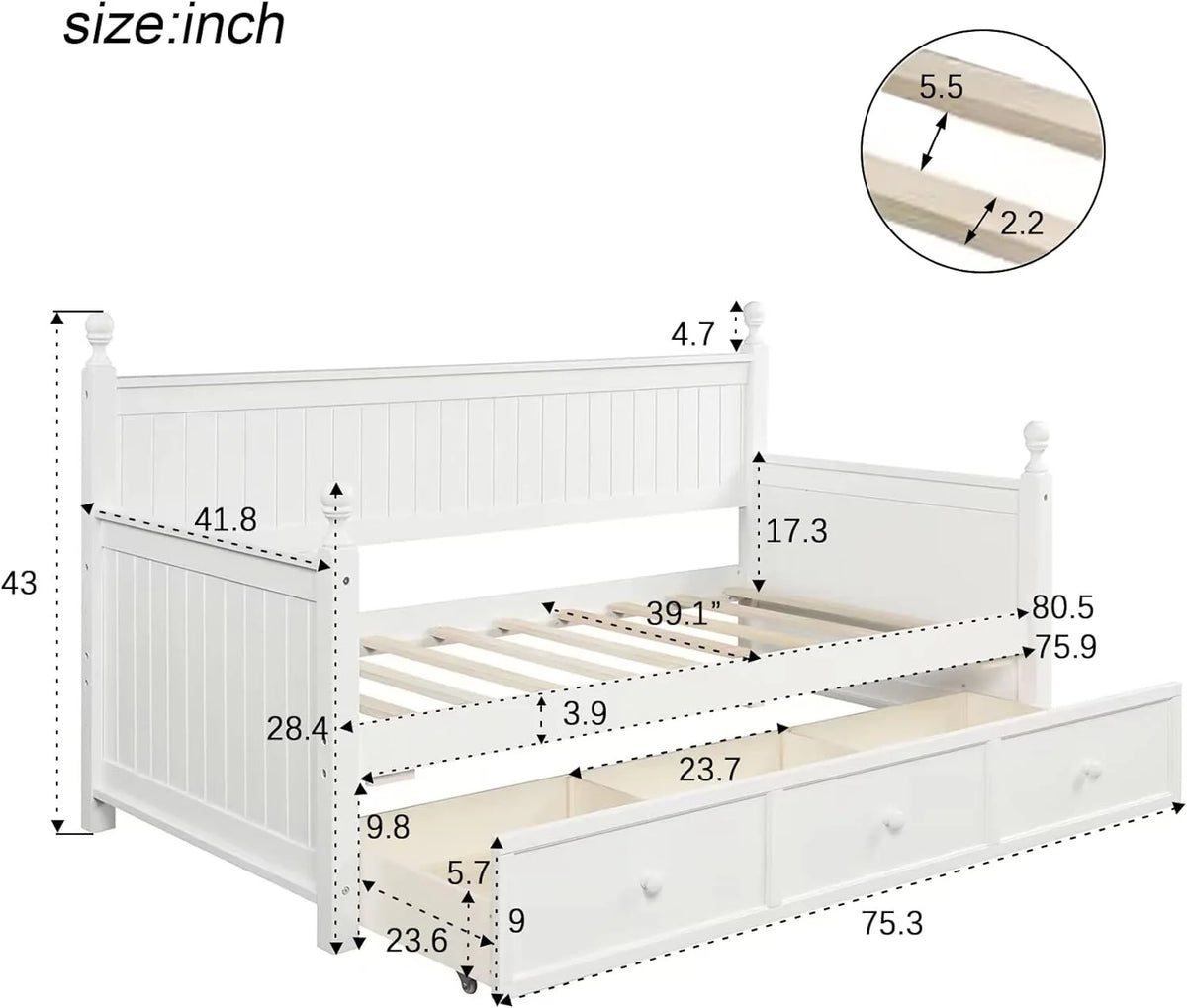 White Wood Daybed with Storage Drawers N823