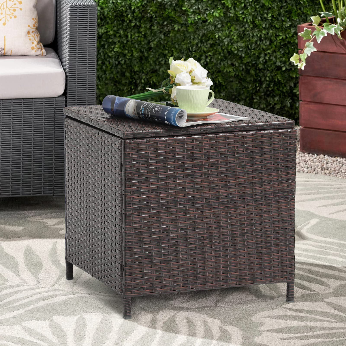 Brown Wicker Rattan Side Table with Iron Frame S377745