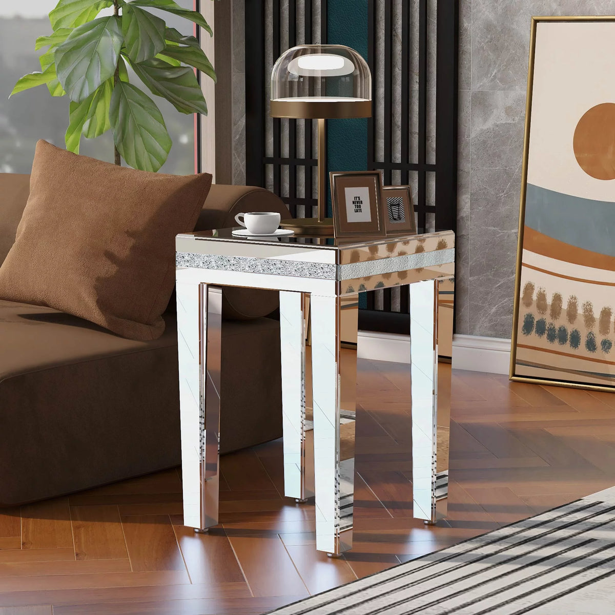 Modern Glass Mirrored Side Table with Crystal Design and Adjustable Height Legs G704