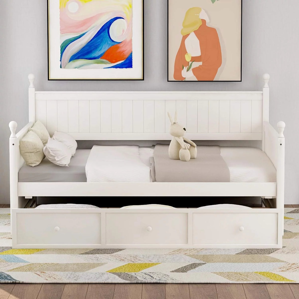 White Wood Daybed with Storage Drawers N823
