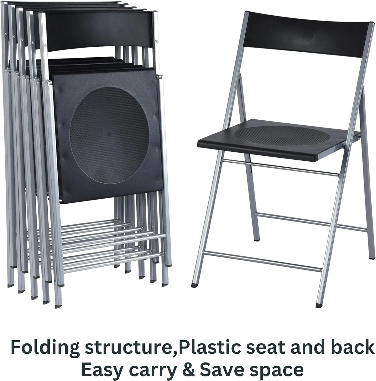 Black Set Of 6 Folding Chair Plastic Seat Steel Frame H992