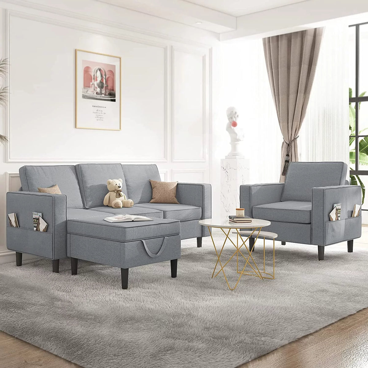 Beige 3 Pcs Convertible Sectional Sofa with Storage Ottoman W775538