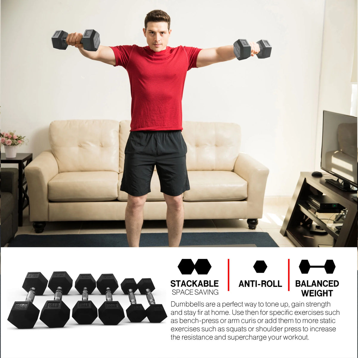 5, 10, 15, 20 and 25 Pound Hexagonal Dumbbell Weight Set with Rack G26752