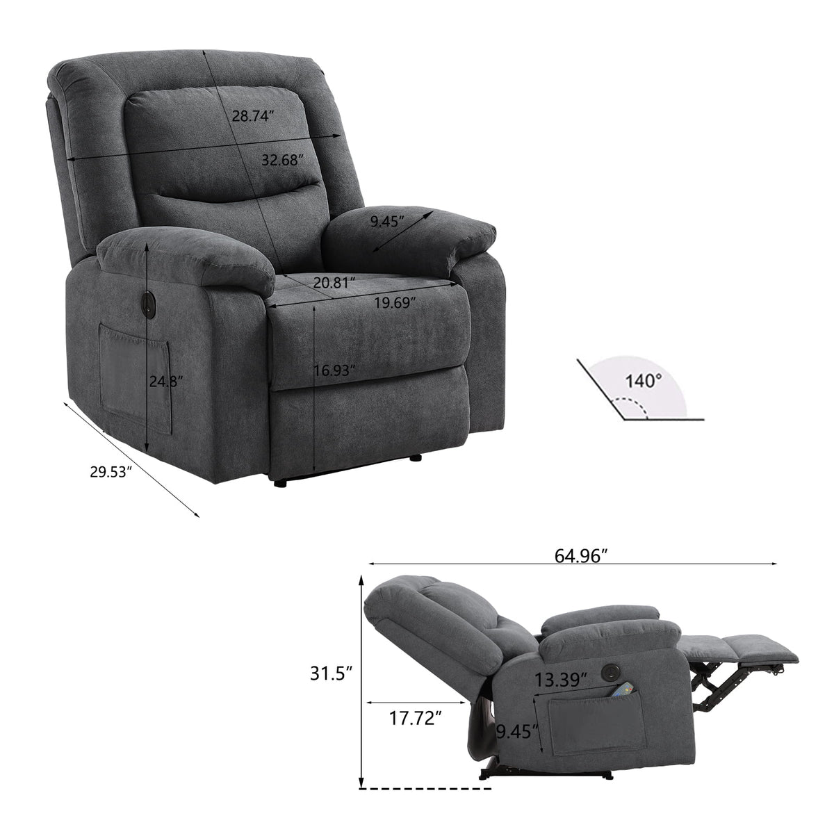 Fabric Electric Recliner Chair with Heated and Remote Control W695