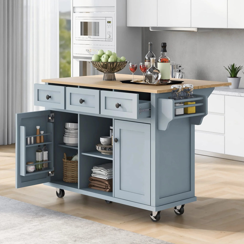 Kitchen Island Cart with Drop Leaf Storage Cabinet and 3 Drawers N1983