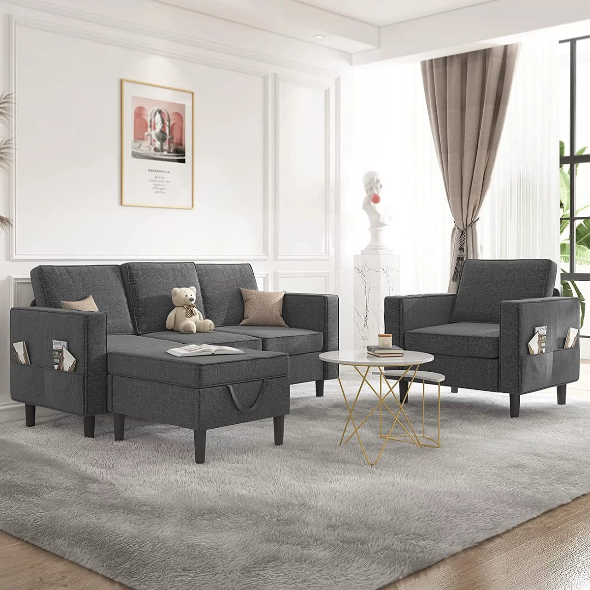 Beige 3 Pcs Convertible Sectional Sofa with Storage Ottoman W775538