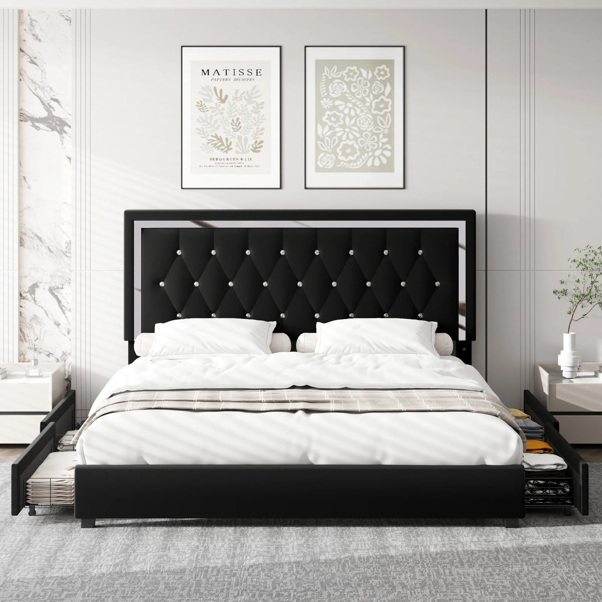 King Size Storage Bed with 4 Drawers, Black Upholstered Platform Bed Frame with Adjustable Headboard N80594