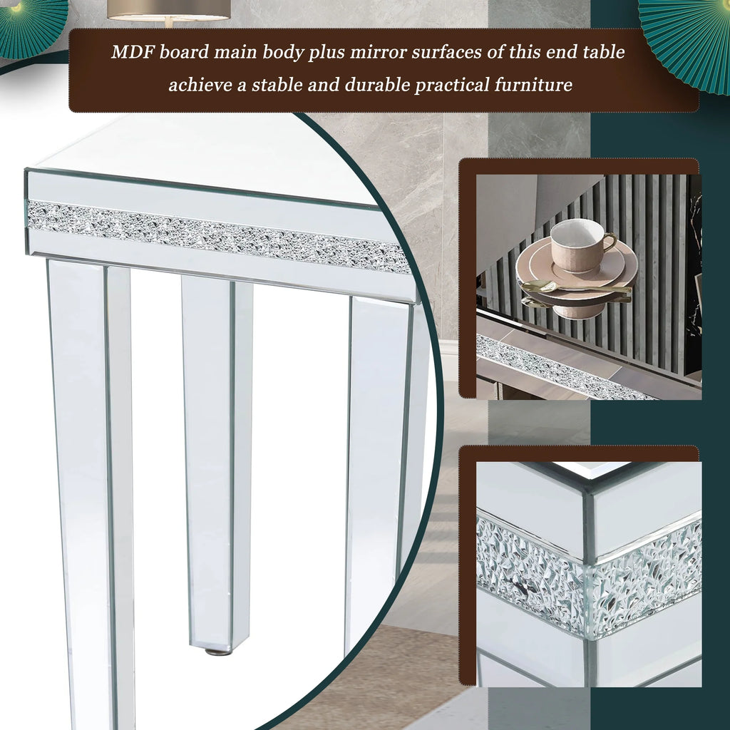Modern Glass Mirrored Side Table with Crystal Design and Adjustable Height Legs G704