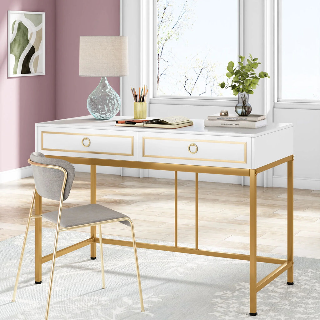 43” White and Gold Computer Desk with 2 Drawers Q3473