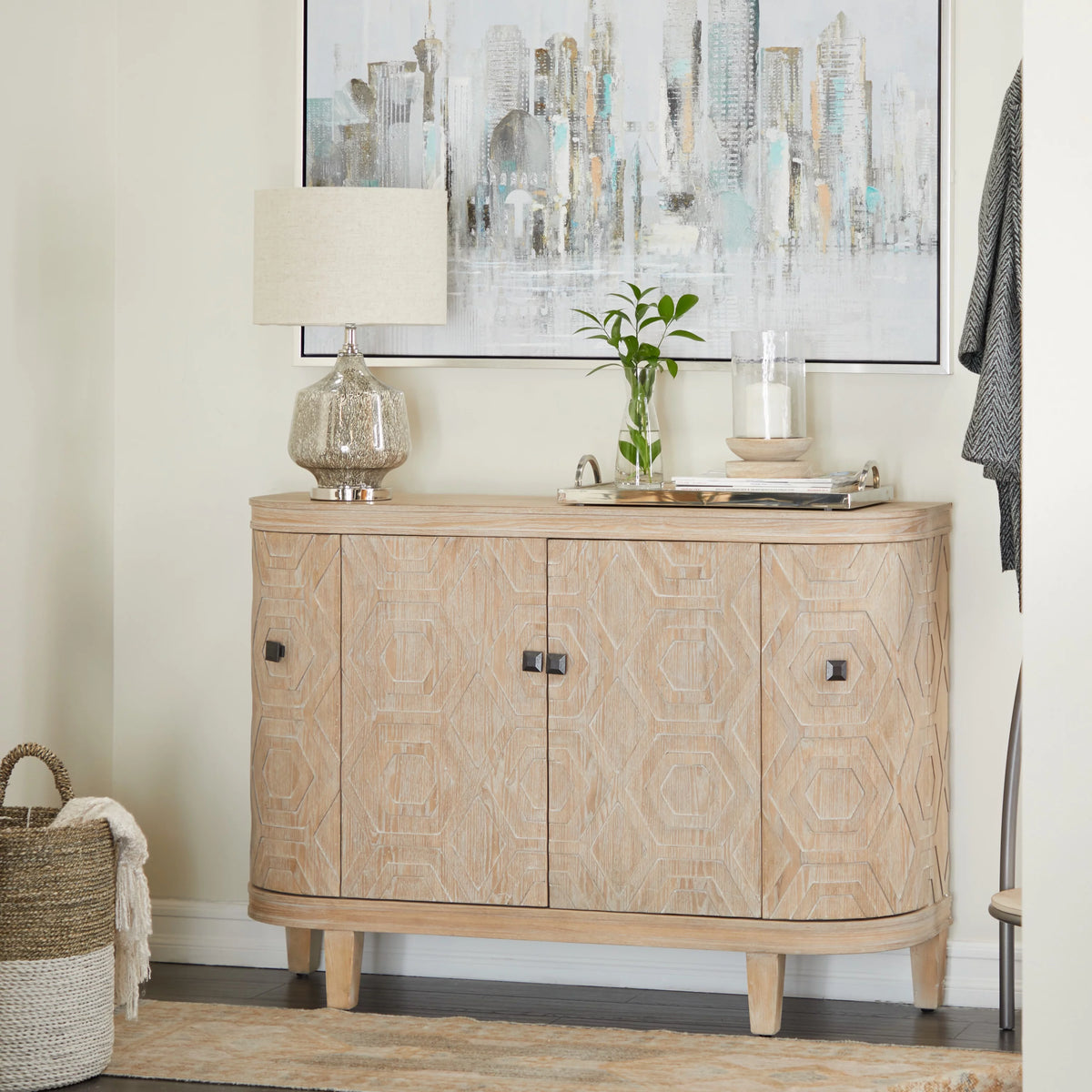 Wood Traditional Cabinet with Hexagonal Pattern L254
