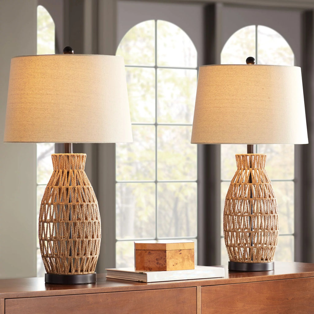 Set of 2 29" Tall Natural Rattan Wicker Table Lamps N91063