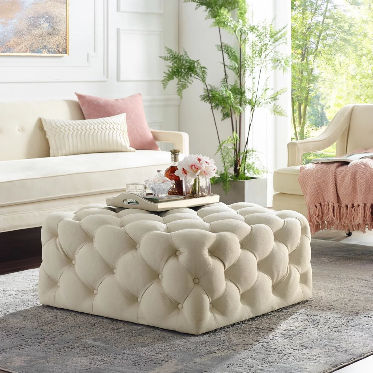 Velvet or Linen Tufted Square Cocktail Ottoman P5007