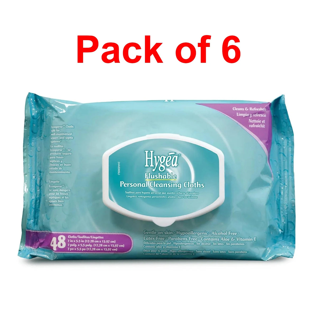 Hypoallergenic Moisturizing Personal Cleansing Cloths with Aloe & Vitamin E, 48 Wipes, Pack of 6 W718407