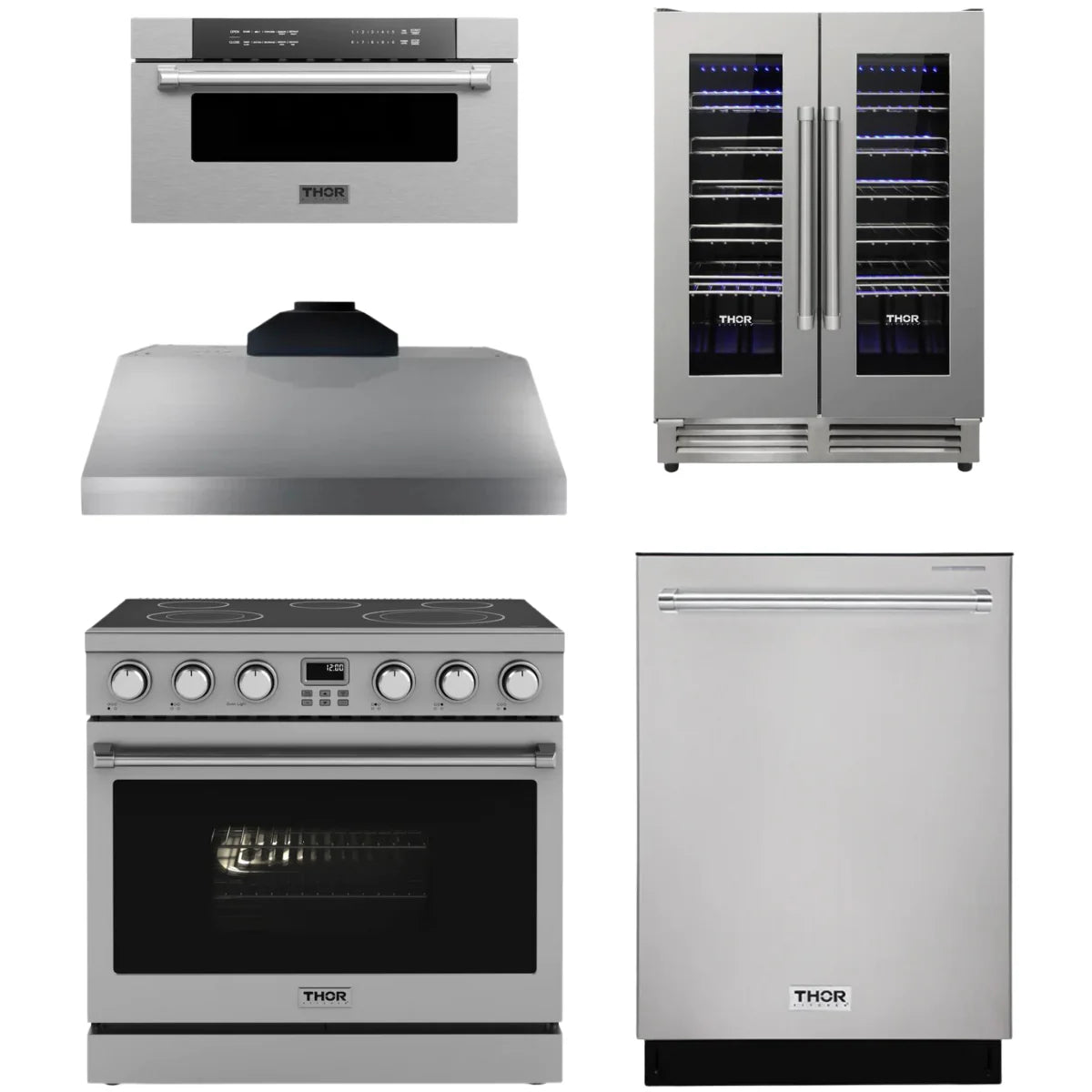 36 Electric Range, Range Hood, Dishwasher, Microwave and Wine Cooler I9875