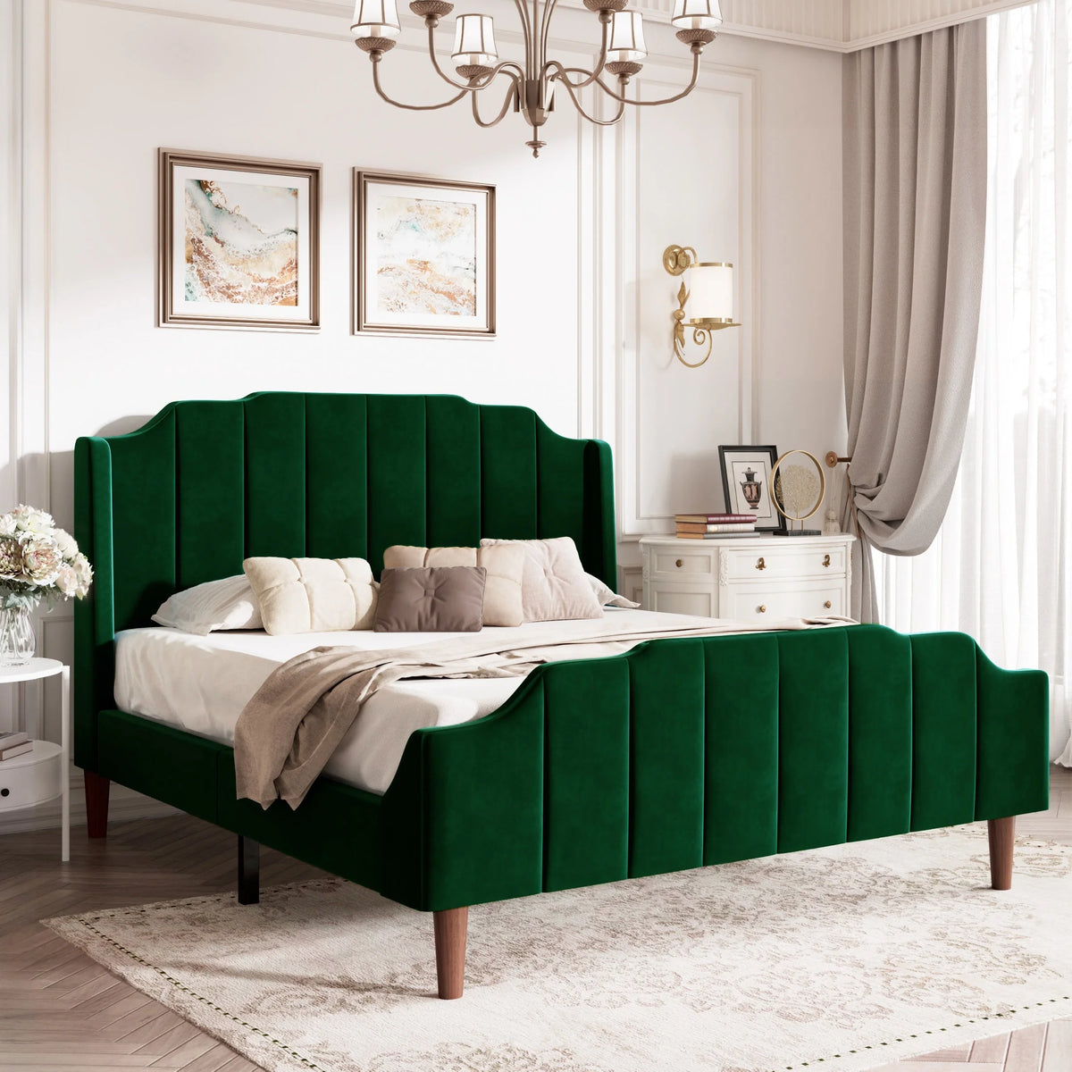 Queen Size Blue Velvet Upholstered Platform Bed Frame Q720
