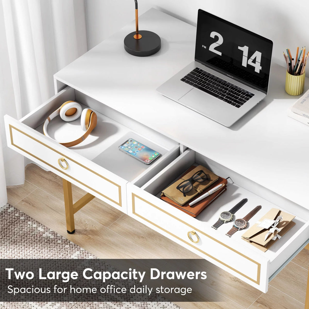 43” White and Gold Computer Desk with 2 Drawers Q3473