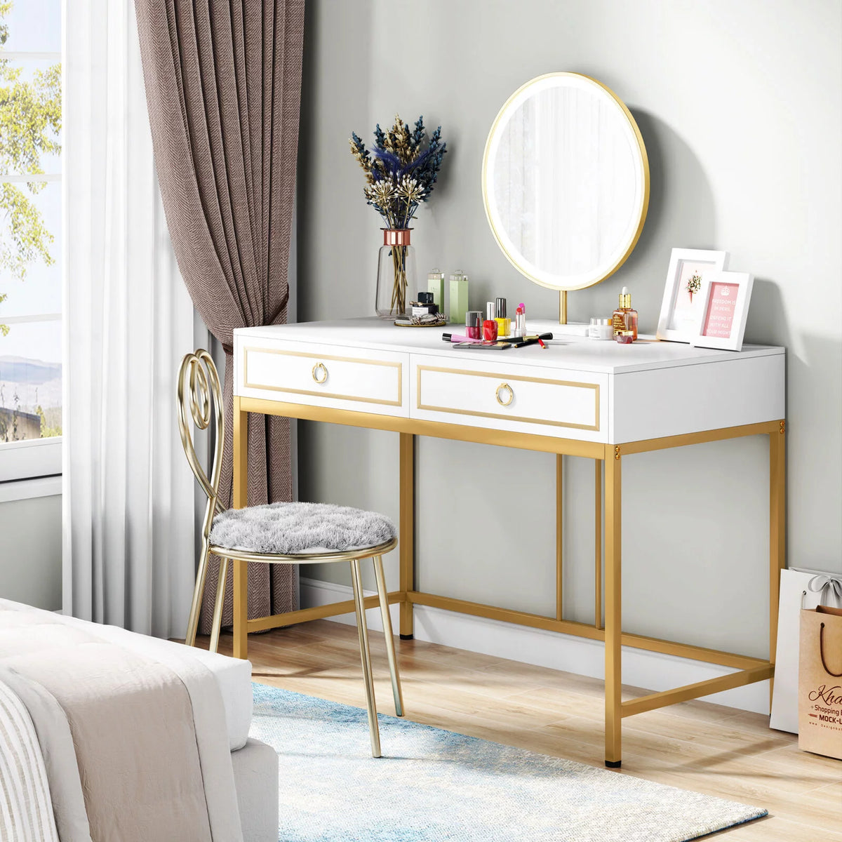 43” White and Gold Computer Desk with 2 Drawers Q3473