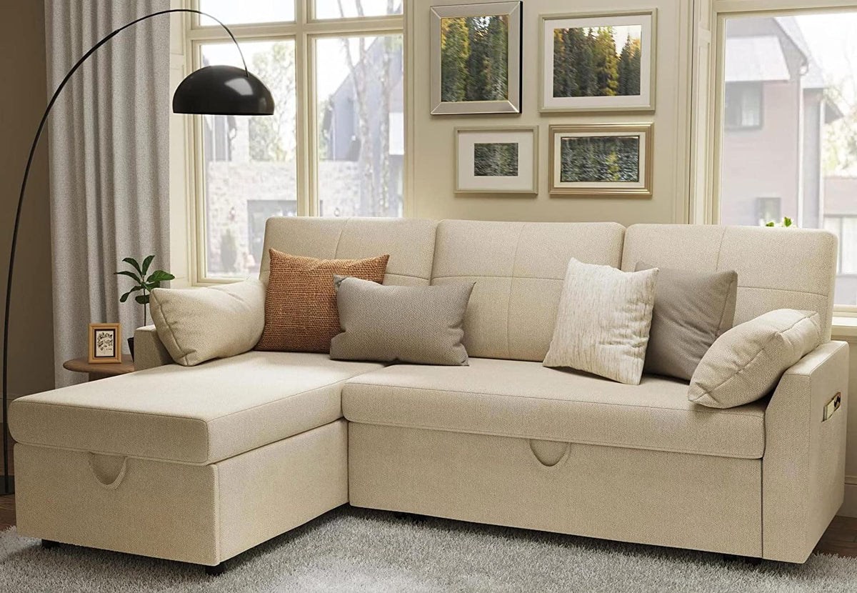 Gray Chenille Sleeper Sofa with Storage Chaise D2876