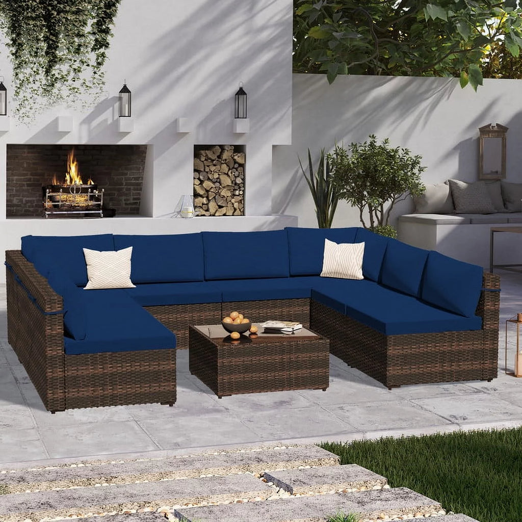 9 Piece PE Rattan Patio Furniture Set with Cushion and Glass Table B4592