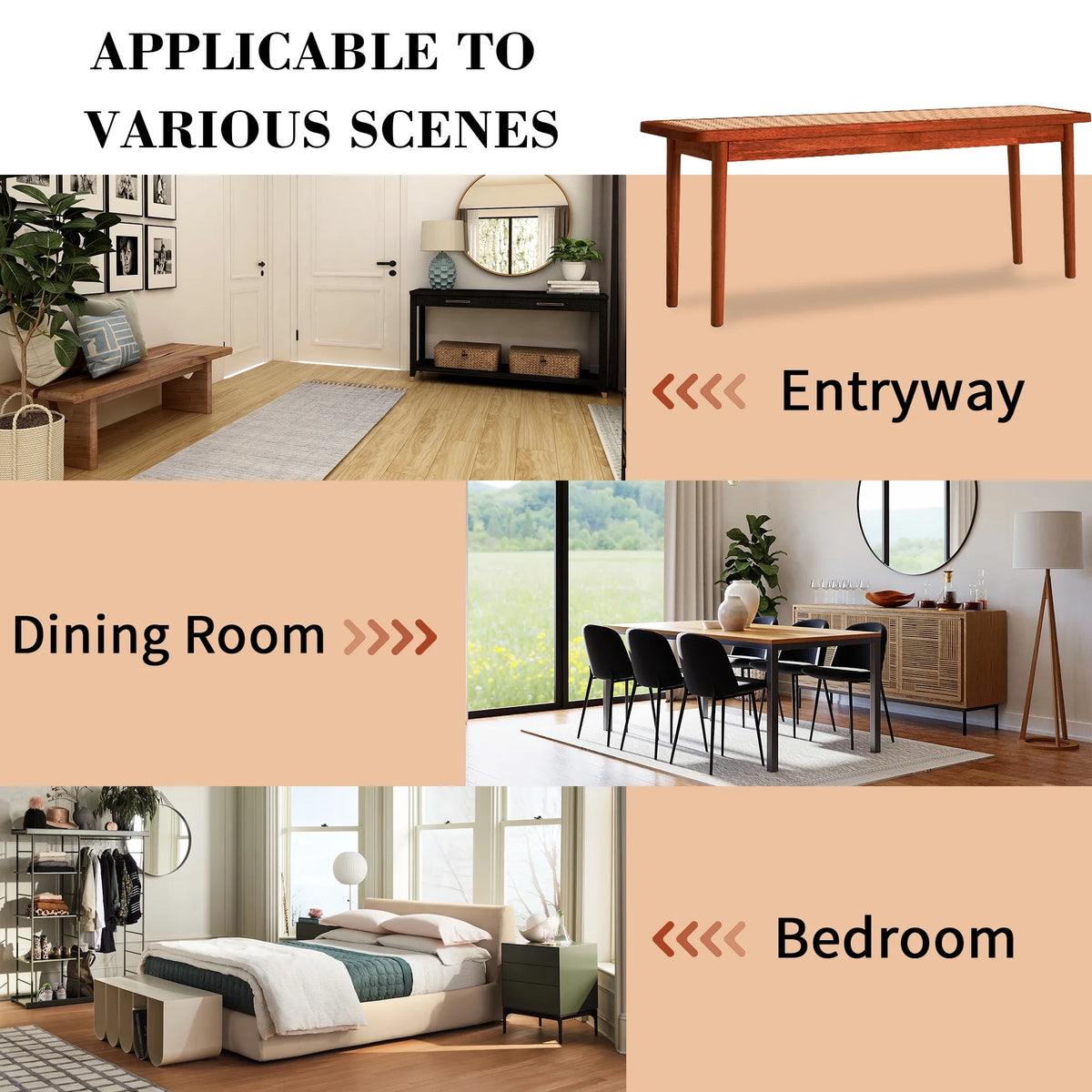 Solid Wood Rattan Woven Bench P6996