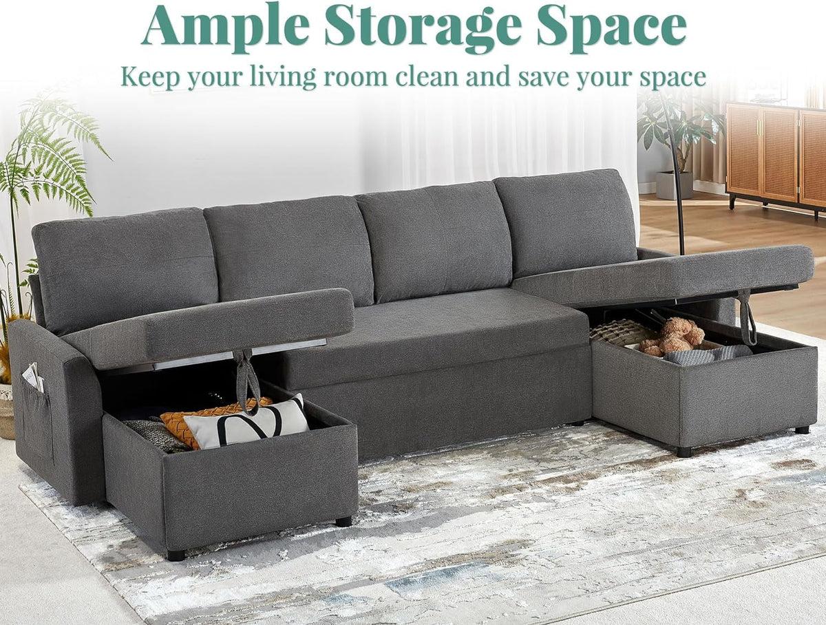 Gray Chenille Sleeper Sofa with Storage Chaise D2876