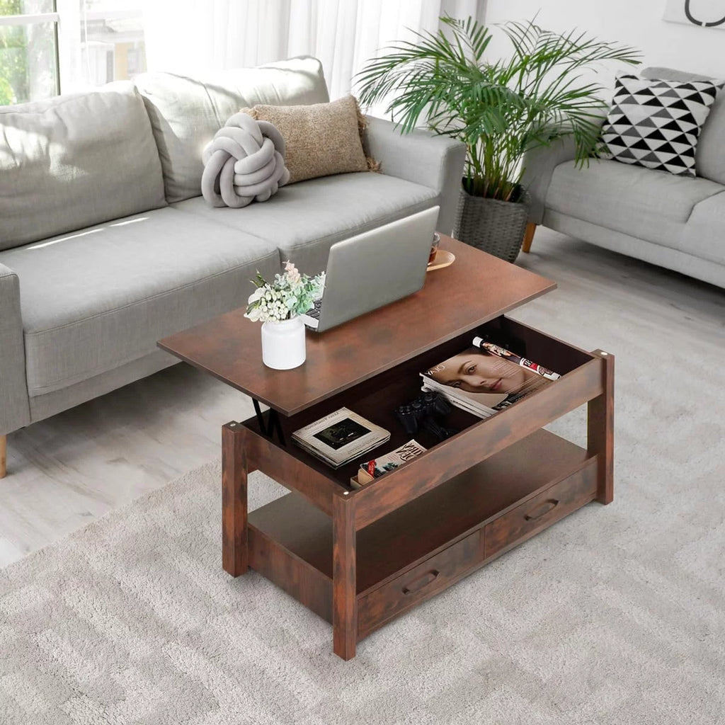 Lift Top Coffee Table with Hidden Compartment and 2 Storage Shelves Y6124