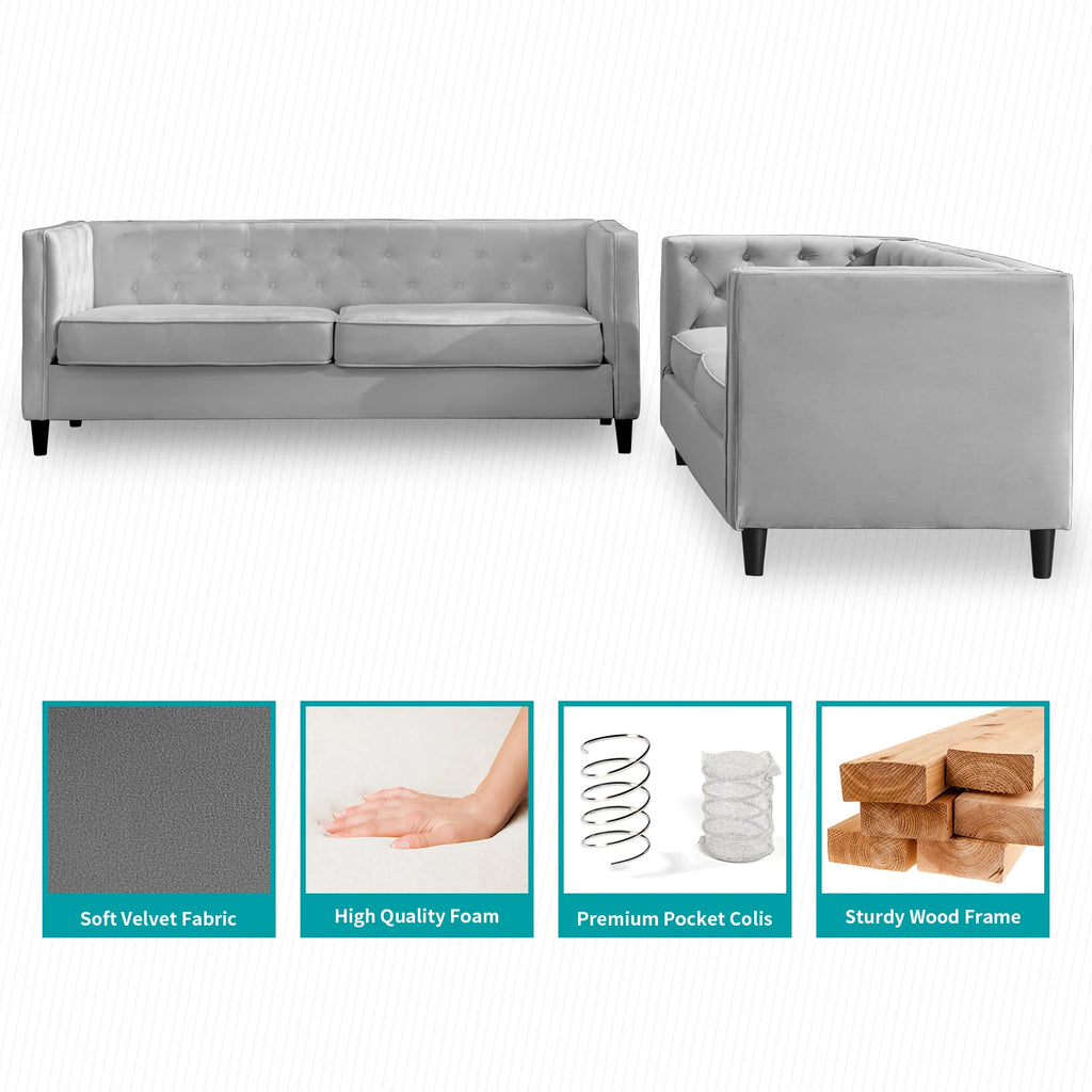 Velvet Sofa Set Loveseat and 3 Seater Sofa Couch Set Light Gray X9358