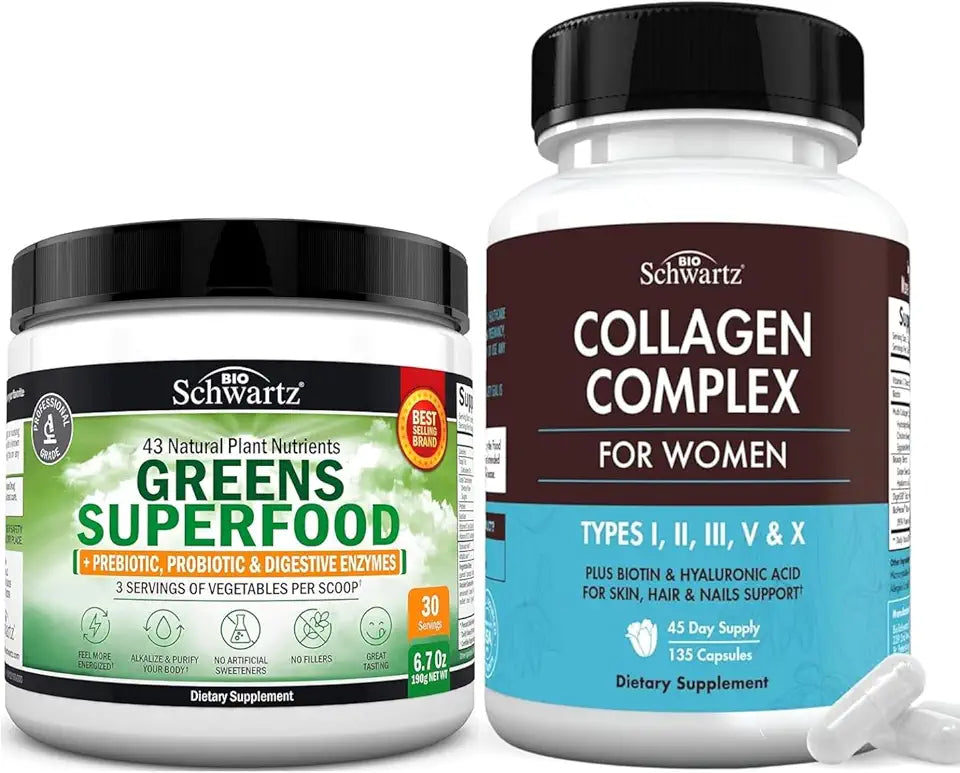 Super Greens Powder with Probiotics Prebiotics and Digestive Enzymes 30 Servings and Hydrolyzed Collagen Peptide Capsules 45 Day Supply R96859