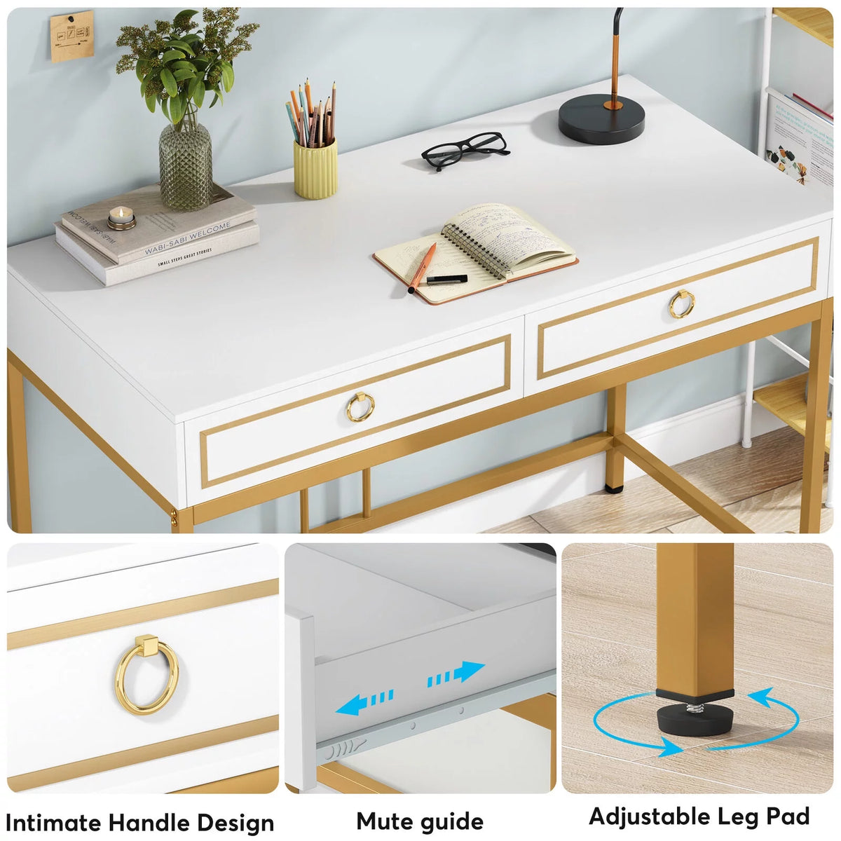 43” White and Gold Computer Desk with 2 Drawers Q3473